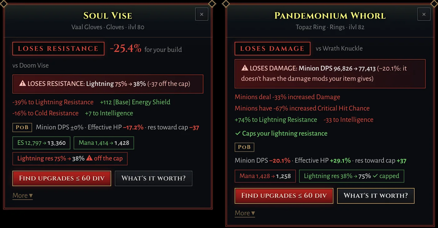 Two popups: LOSES RESISTANCE, lightning 75% to 38%; and LOSES DAMAGE, minion DPS down 20%